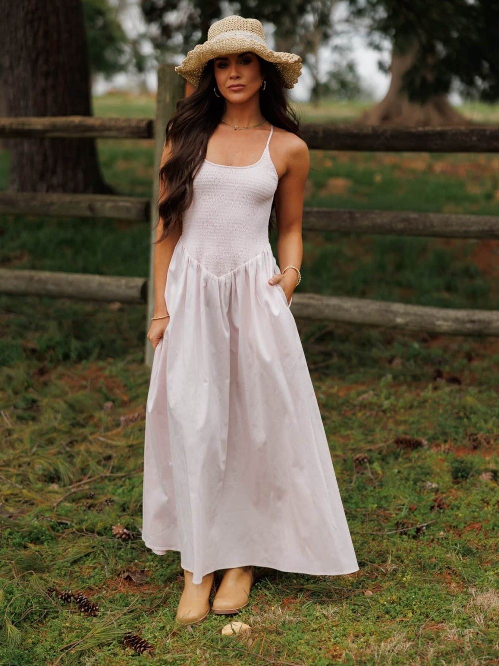 Sleeveless Smocked Bodice Midi Dress, Light Pink